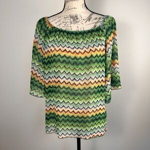 Christian Caliendo Top Large Sheer Green Chevron Print Boat Neck